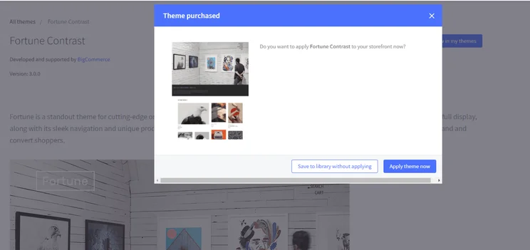 BigCommerce popup confirming theme has been purchased