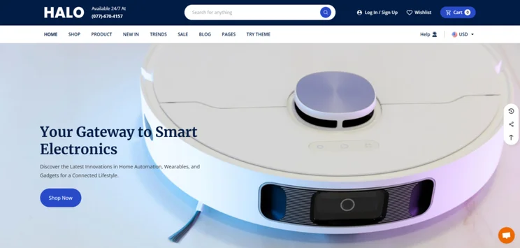 Halo Electronics homepage featuring a full screen hero image with navy text