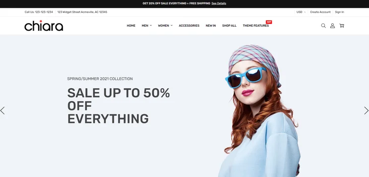 website homepage with chiara in top left corner and a full screen image of a woman in sunglasses