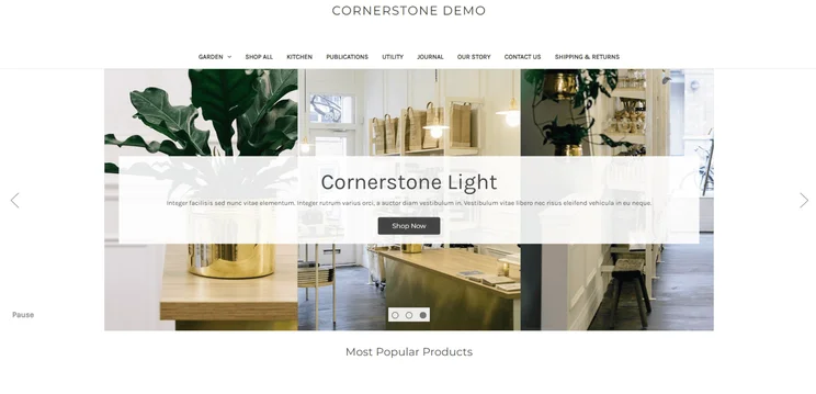 Cornerstone light text in the center with three homeware photos behind