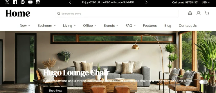 furtiture website with large full screen image of a living room