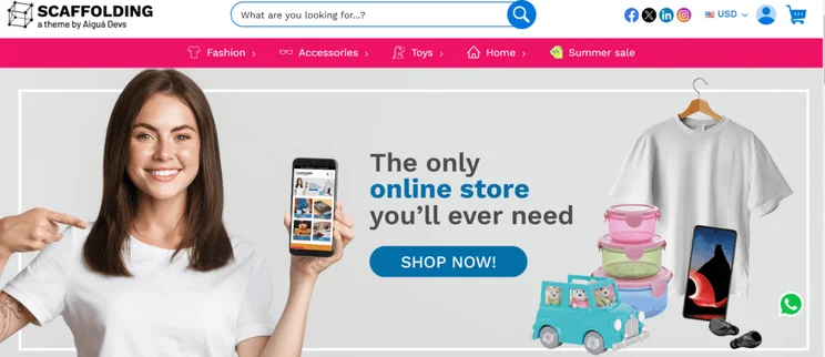 image of a woman holding and pointing at a phone and text that says the only online store you'll ever need