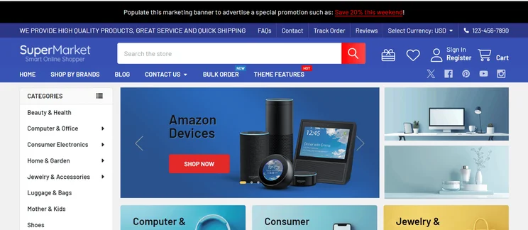 Website homepage image of Amazon devices with a shop now button