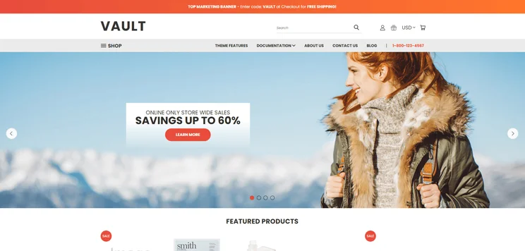 Vault theme homepage with large photo of woman standing with a backpack