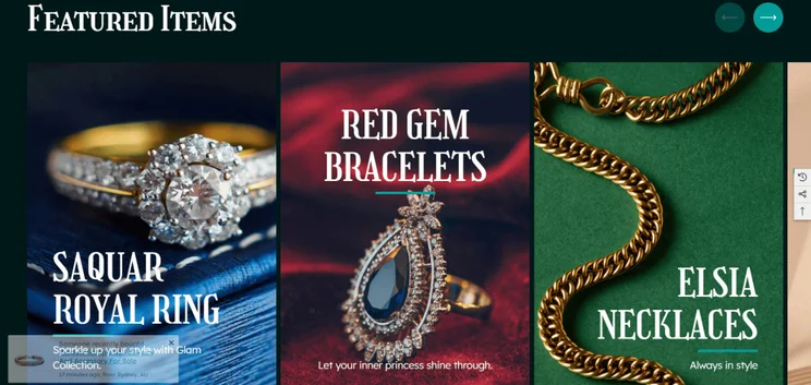 Nimo jewelry theme featured items list showing three large product photos of jewelry
