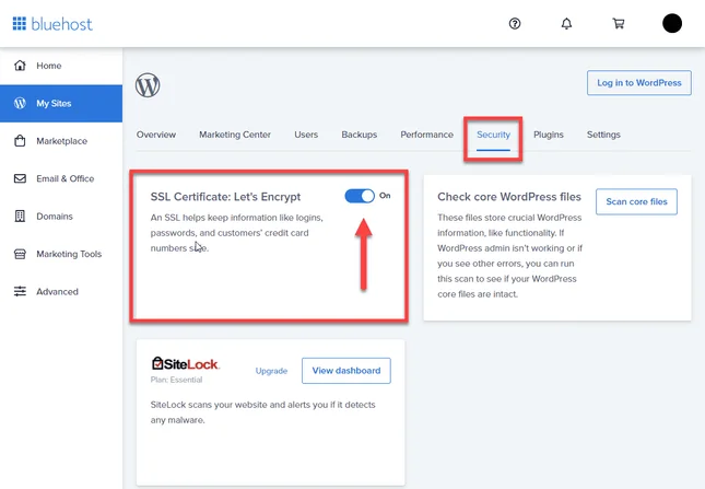 Switching on SSL certificate in Bluehost Security tab