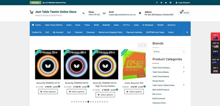 Just Table Tennis&rsquo;s Square Online store boasts a comprehensive navigation menu, and a solid user experience.