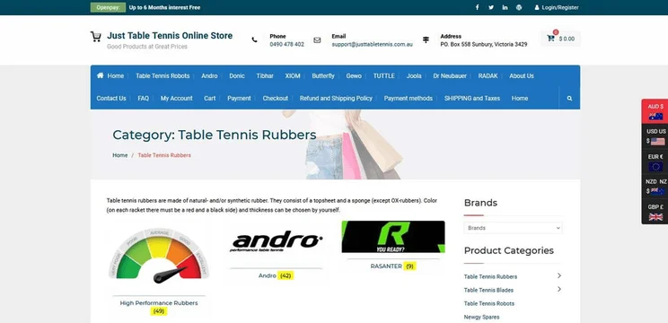 Just Table Tennis&rsquo;s category page has an information-rich header background.