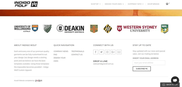 Indigo Wolf&rsquo;s Square Online store&rsquo;s footer contains social icons and an email with with prospective customers can seek support.