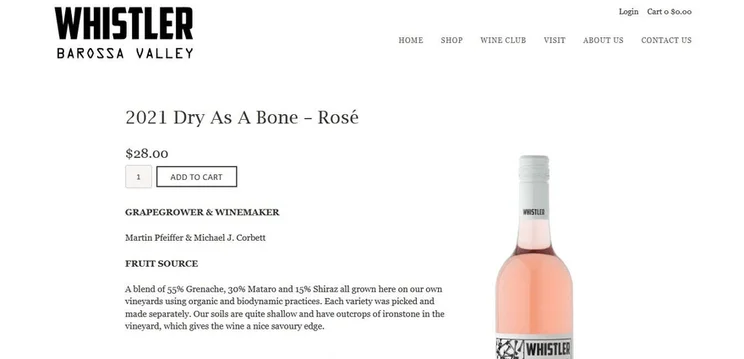 Whistler Wines&rsquo;s Square Online store sports elaborate product descriptions.