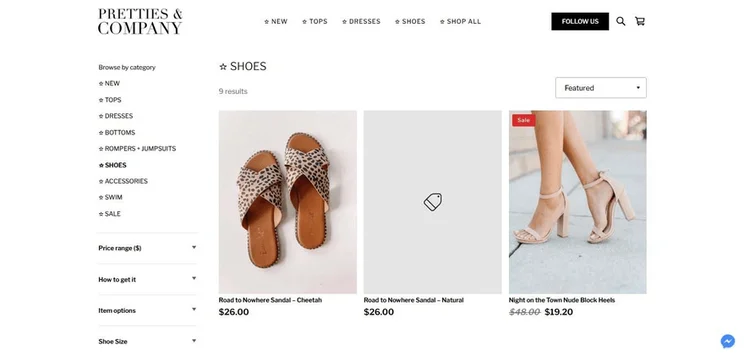 Pretties and Company&rsquo;s shop page has multiple filters and options for sorting its products.