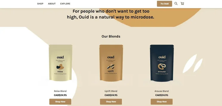 Ouid&rsquo;s homepage features a product collection, with CTAs imploring its customers to &lsquo;Shop Now&rsquo;.