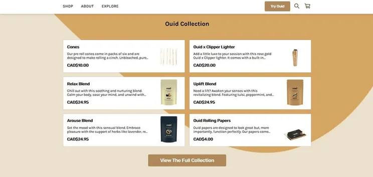 Ouid shows featured collections in a clean layout.