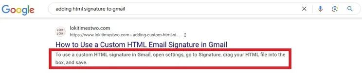 search result with red box highlighting meta description