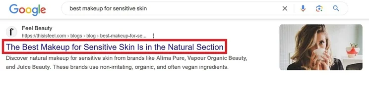 search result with red box highlighting the meta title