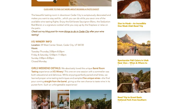 screenshot from blog post on Zion Adventure Photog blog