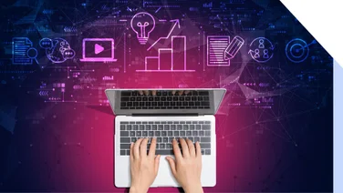 birds eye view of woman typing on laptop with purple graphics on top