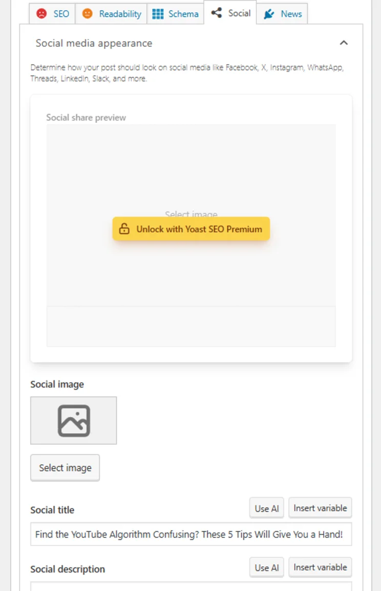Yoast SEO wordpress plugin showing social tab