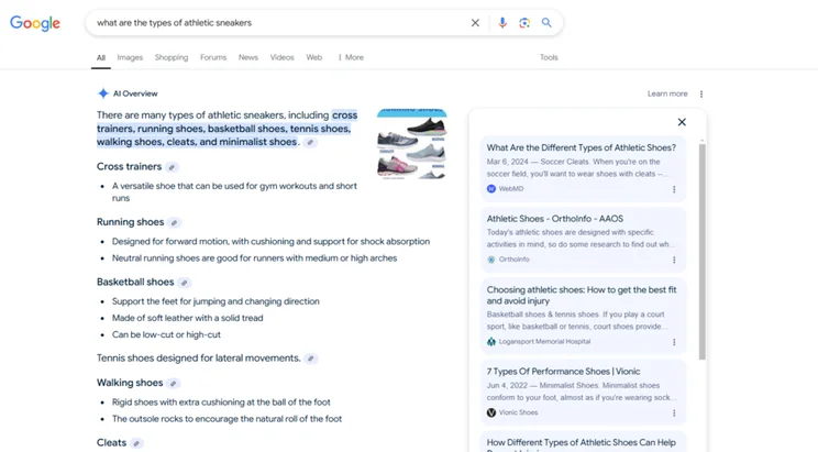 AI Overview for search term what are the types of running sneakers?