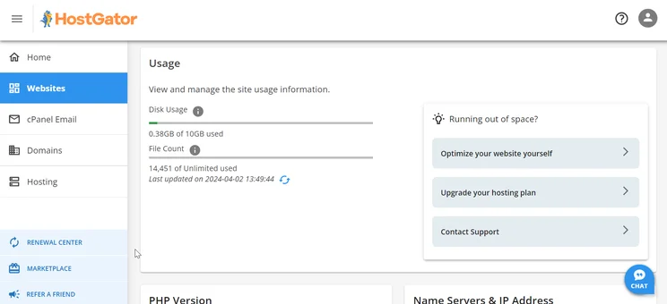 a screenshot of disk usage in cPanel on HostGator