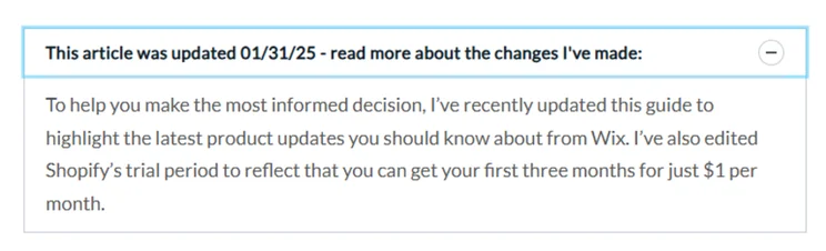 authors note explaining what has been updated on a blog post