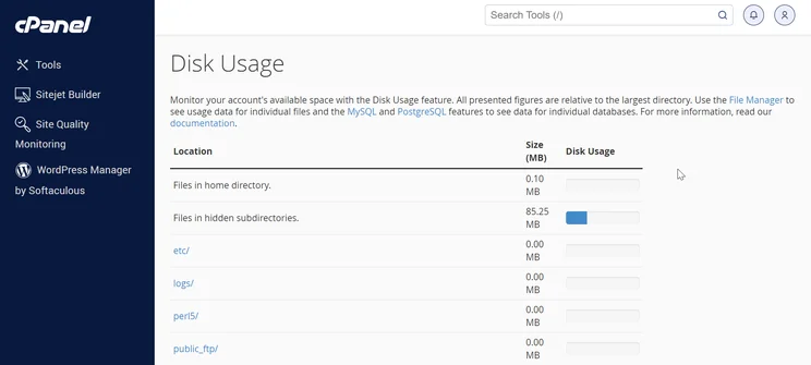 cPanel disk usage page on Bluehost