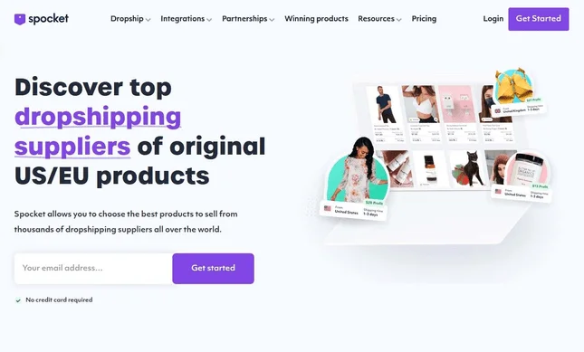 Homepage of Spocket dropshipping supplier.