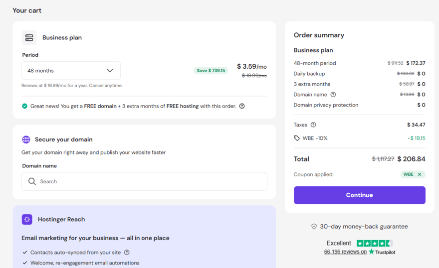 Hostinger checkout page showing the WBE code applied as well as taxes and what's included in the package