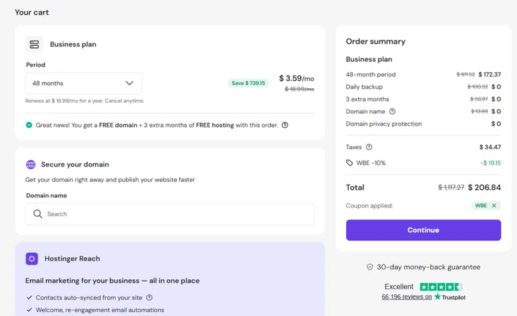 Hostinger checkout page showing the WBE code applied as well as taxes and what's included in the package