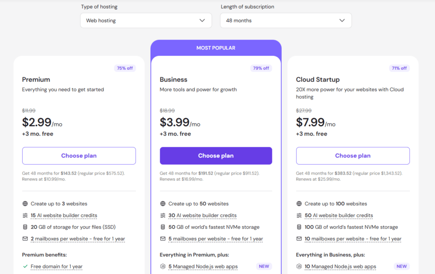 Hostinger's web hosting pricing and plans listed side by side