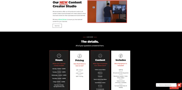website page titled the details, showing hours, pricing, content, and included details
