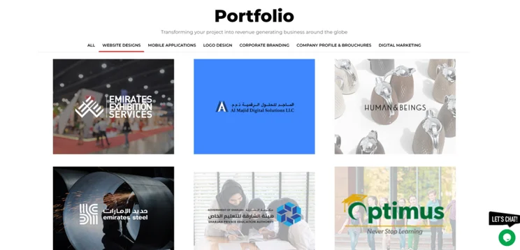 porfolio section of website with image grid for each project and filtering options and the top