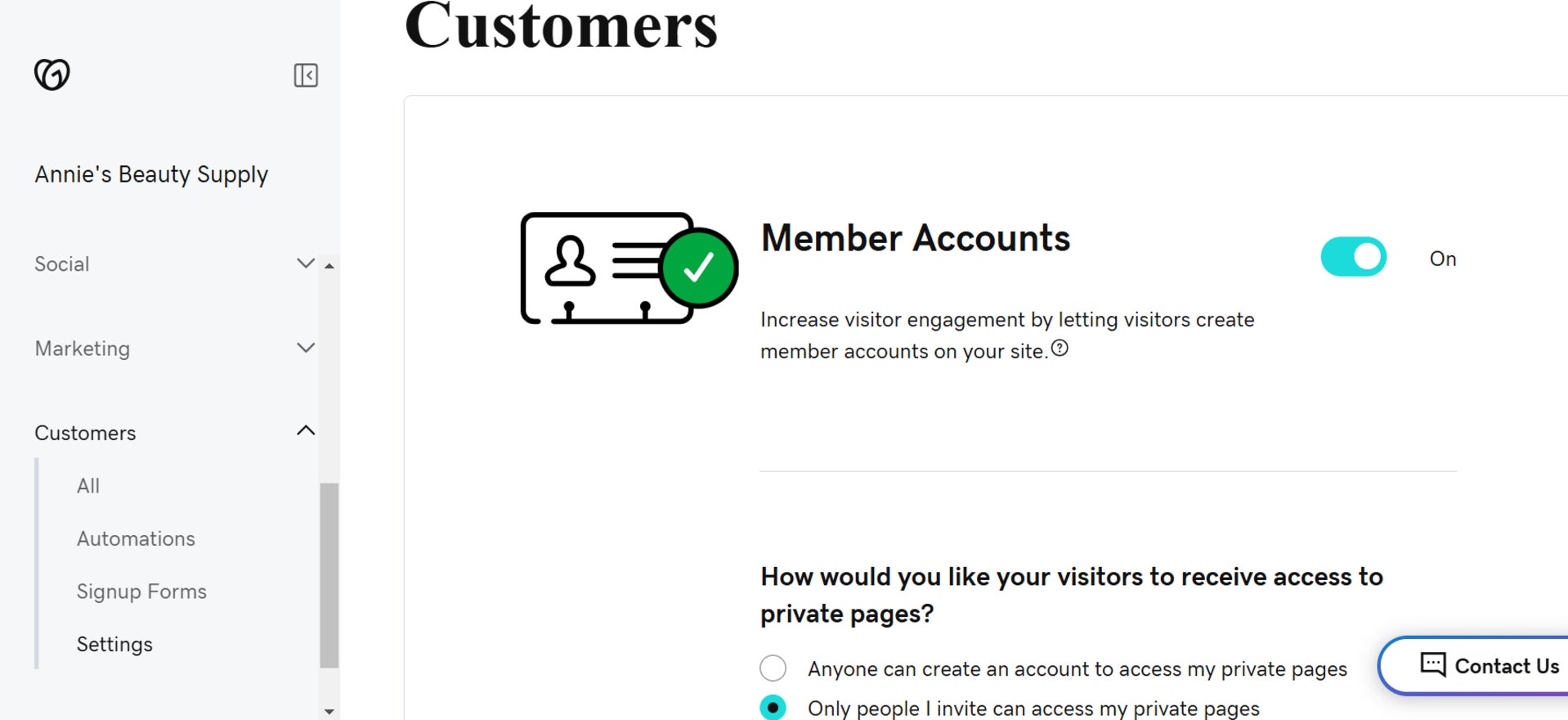 GoDaddy Member accounts settings within the customer tab