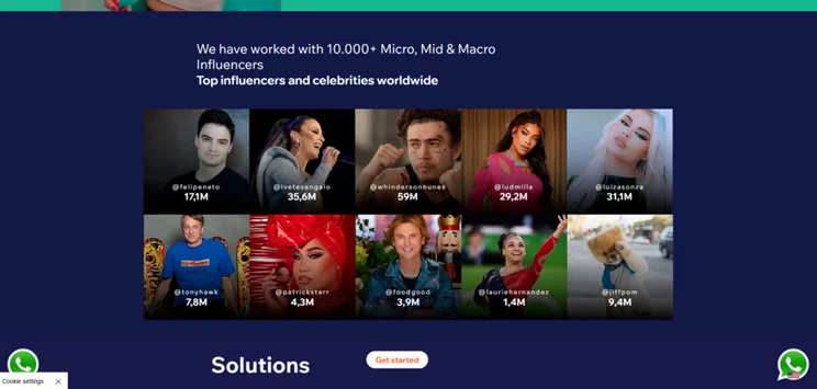 dark blue website page with grid of 10 influencers they work with