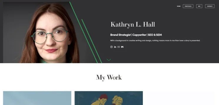 Hero image including headshot and contact details