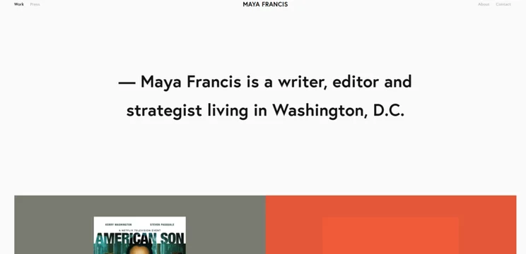 neautral website homepage with a short headline about Maya Francis