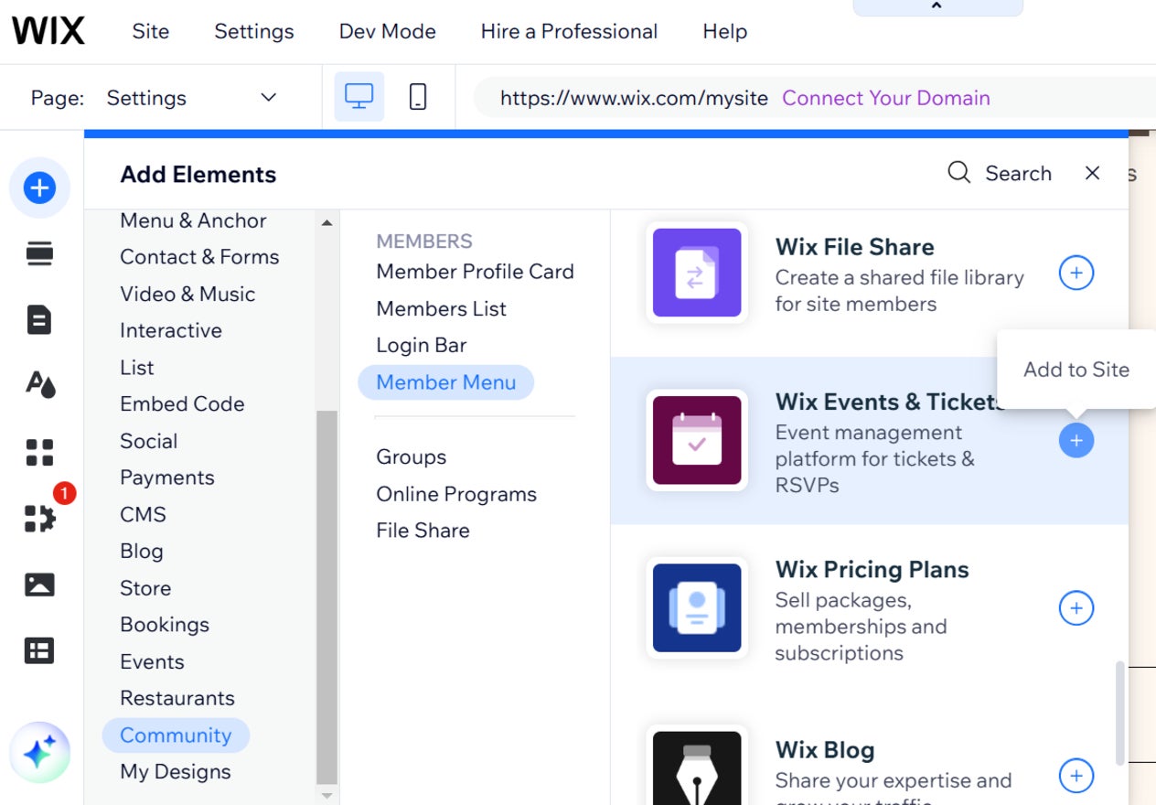 community tab within the elements section of wix editor