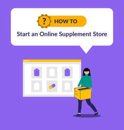 Purple background with an animated woman carrying a box, below the words: