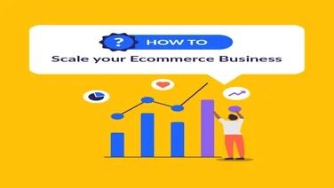 Illustration of a person next to a bar chart on a yellow background with the words How to scale your ecommerce business in a white speech bubble