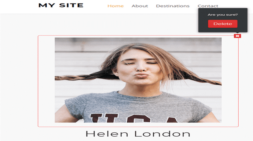 Element on a Weebly website selected for deletion with a pop up box asking the user if they're sure they want to delete the element