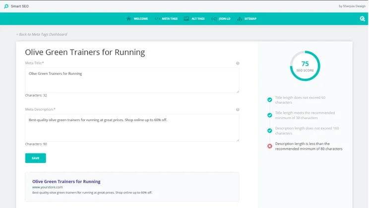 smartseo dashboard in a light green color