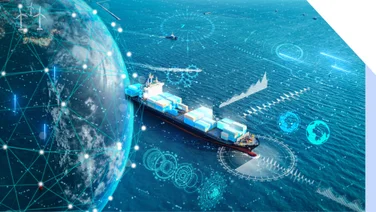 Photo of a ship sailing out of an overlay graphic of the earth