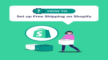 Green background with animated woman carrying a box next to the Shopify logo, below the words "how to set up free shipping on shopify" in a white speech bubble