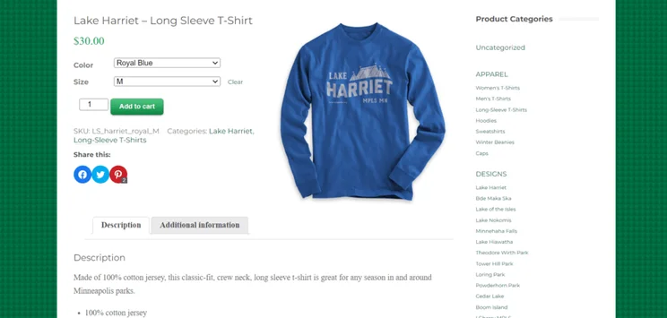 LoveMplsParks product page featuring a long sleeved print on demand top and purchase information