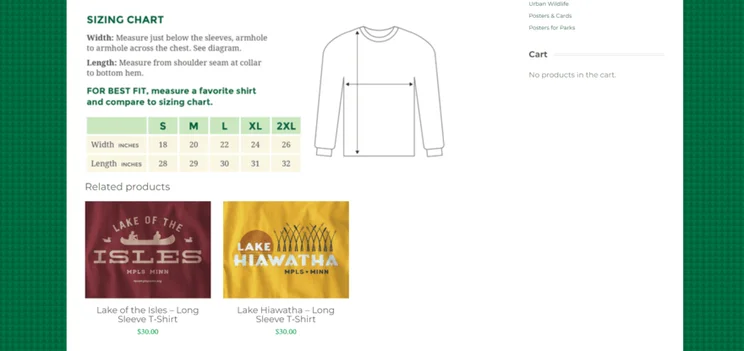 Sizing chart and related products on a LoveMplsParks product page