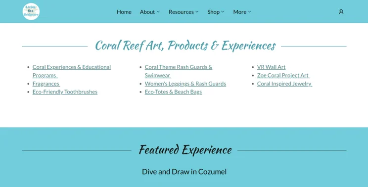 Living Sea Sculptures homepage featuring a navigation section to its products