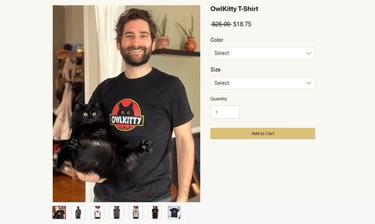 Product page for OwlKitty's print on demand t-shirt