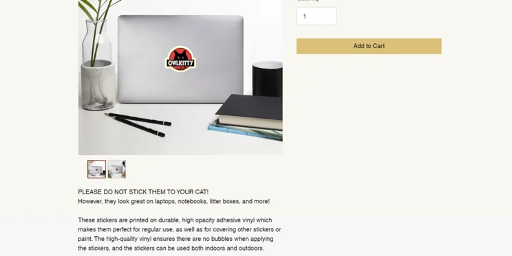 OwlKitty product page highlighting the brand's tone in the product description