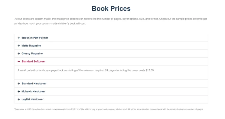 Product types and pricing for BookBildr's custom-made children's books