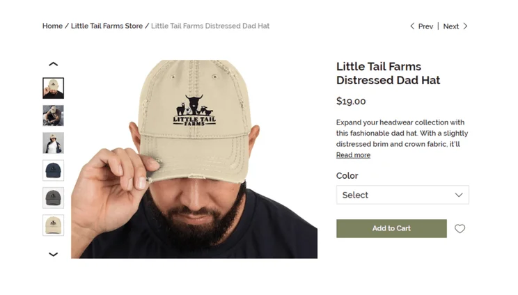 Product page for a Little Tails Farm baseball hat
